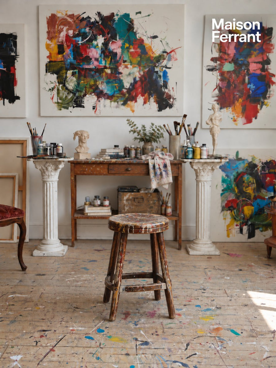 Un atelier d’artiste avec des tableaux abstraits et un tabouret