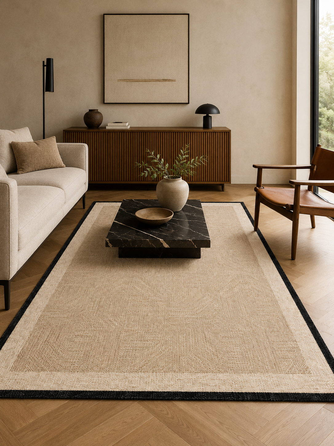 A warm, graphic living room