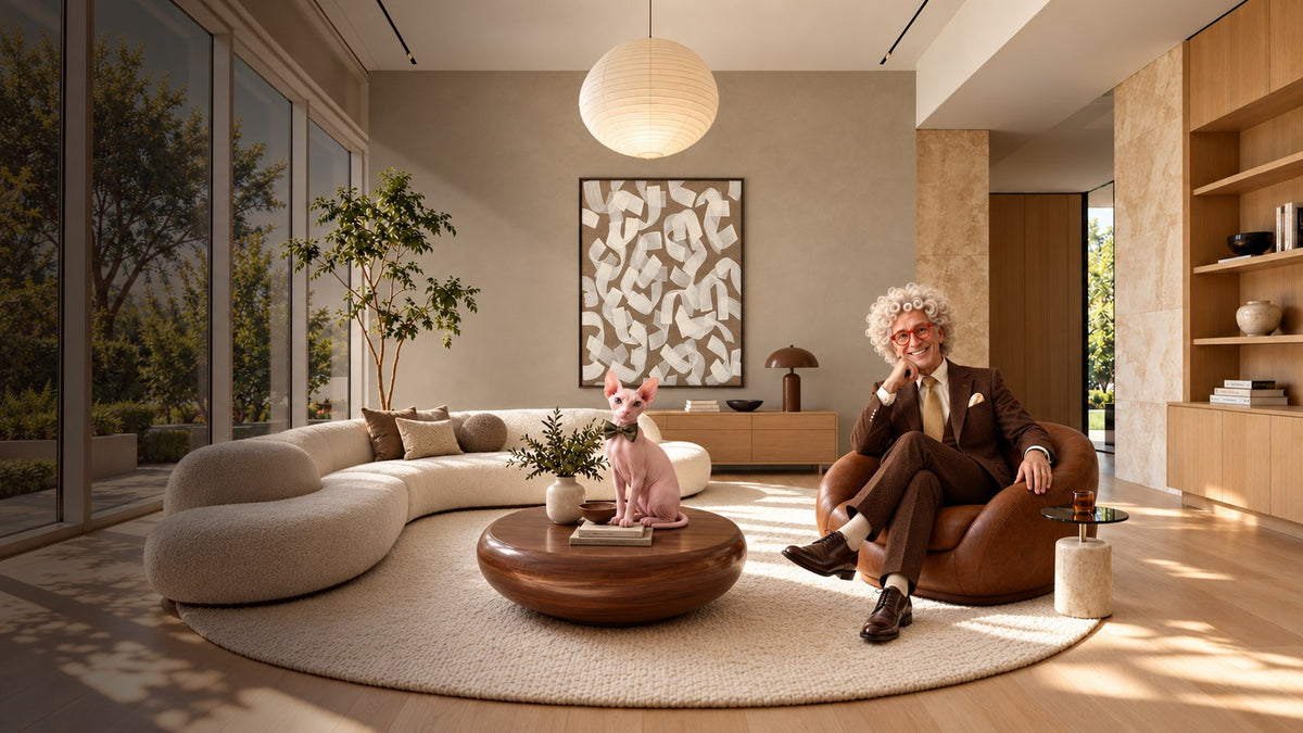 A bright living room with Chrome pendant lights, the Arles painting, the Sunset clock and the Halo cushion